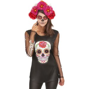 Gekleurd skeletten t-shirt voor dames Dia de los Muertos