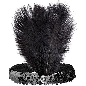 W WIDMANN MILANO Party Fashion 8668F - Pailletten hoofdband met 2 veren en 1 juweel, zwart, jaren 20, Charleston, flapper, themafeest, carnaval