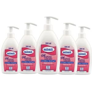 milmil Vloeibare zeep, 5 stuks x 500 ml, met plantaardige glycerine, dispenserformaat, mani-zeep, gezicht en corpo, pH-waarde fysiologische formule, gevoelige borstelharen, dermatologisch getest