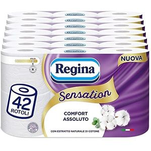 Regina Sensation Toiletpapier, 42 rollen, 160 zachte 3-laagse scheuren, zacht en duurzaam, met natuurlijk katoenextract, verpakking van 60% gerecycled kunststof, FSC-gecertificeerd