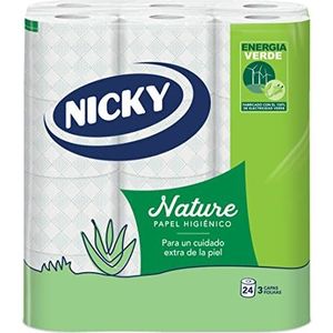 Nicky Nature Toiletpapier, verpakking met 24 rollen, 170 vellen met 3 lagen, verrijkt met aloë vera-lotion, comfortabel en huidvriendelijk