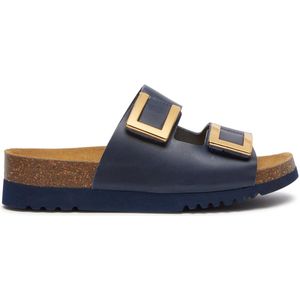 Scholl - Damessandalen - Blauw - Dubbele Klittenbandsluiting - Goudkleurige Sluiting
