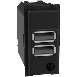 Bticino USB-oplader met twee type A-ingangen, voor installatie in de Living Now-plaat, voor het opladen van een elektronisch apparaat tot 15 W of twee apparaten tegelijkertijd, 1-zits, zwart