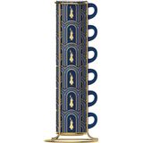 Bialetti Art Deco' Glamour Set van 6 stapelbare espressokopjes, blauw met metalen frame