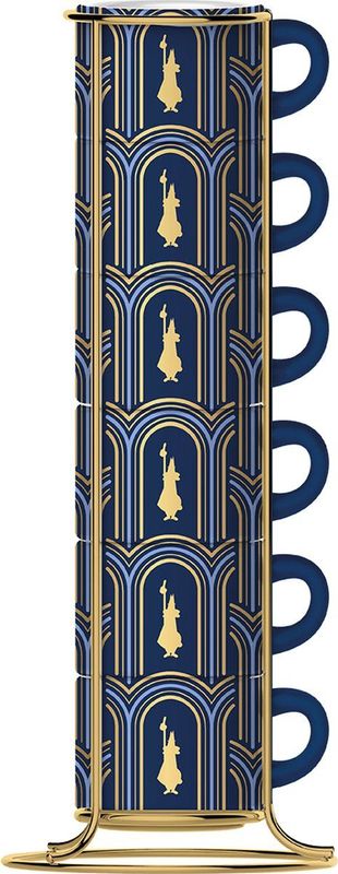 Bialetti Art Deco' Glamour Set van 6 stapelbare espressokopjes, blauw met metalen frame