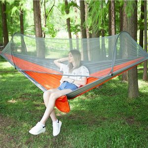 Draagbare Outdoor Camping vol-automatische nylon parachute hangmat met klamboes  grootte: 290 x 140cm (zilver grijs + oranje)