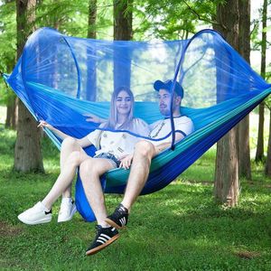 Draagbare Outdoor Camping vol-automatische nylon parachute hangmat met klamboes  grootte: 290 x 140cm (donkerblauw + baby blauw)