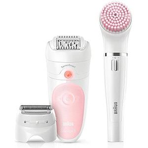 Braun Silk-épil Beauty Set 5 Elektrische epilator voor dames, wit/roze, voor beginners, 6-in-1, draadloos, nat en droog, scheerapparaat, reiniging en peeling, gezicht en lichaam, 5-895