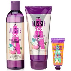 Aussie SOS Kiss of Life Shampoo en conditionerset voor haarreparatie, met veganistische shampoo, haarconditioner en haarkuur voor de diep-effectieve verzorging van droog, beschadigd haar