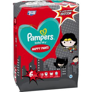 Pampers Baby-Dry Superhelden broek maat 6, 19 luiers, 14 kg-19 kg, met beschermhoes