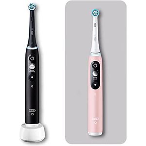 Oral-B iO Series 6 Elektrische tandenborstel met 3 opzetborstels en 5 poetsmodi voor tandverzorging, ontworpen door Braun, roze was/zand, 2 stuks