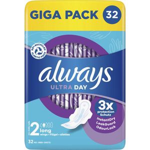 Always Ultra Binden dames maat 2, lang, 96 maandverband met vleugels (3 x 32 stuks) multipack, ultradun en super absorberend