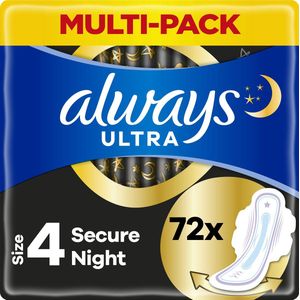 Always Ultra Binden dames maat 4, Secure Night, 72 maandverband met vleugels (6 x 12 stuks) maandpakket, ultradun en super absorberend