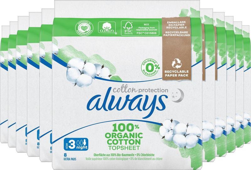 Always Cotton Protection - Night - Maandverband Met Vleugels - Voordeelverpakking 12 x 8 stuks