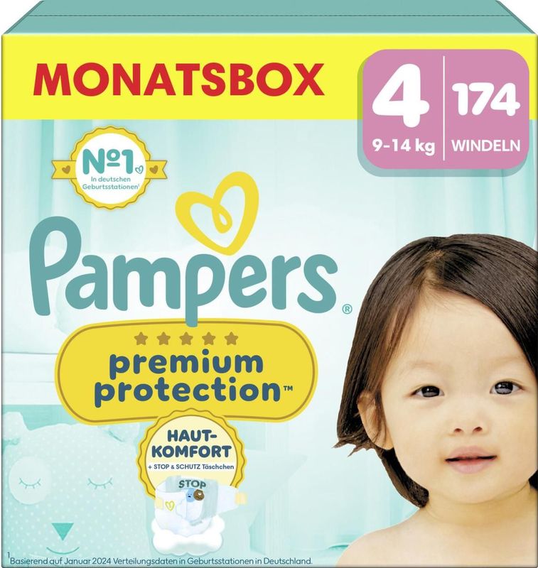 Pampers Premium Protection Taille 4, 174 Couches, 9kg-14kg, Double Protection pour la peau et contre les fuites, Pack 1 Mois