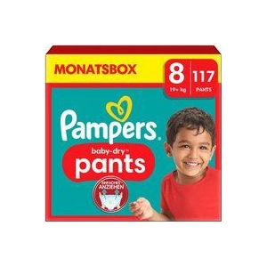 Pampers Couches-Culottes Baby-Dry Pants Taille 8 (19+ kg), 117 Couches-Culottes Bébé, Pack 1 Mois, Avec Une Poche Stop & Protect Pour Éviter Les Fuites À L’Arrière, Maintenant avec Plus de Culottes