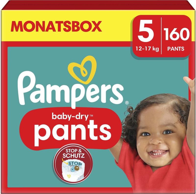 Pampers Couches-Culottes Baby-Dry Pants Taille 5 (12-17 kg), 160 Couches-Culottes Bébé, Pack 1 Mois, Avec Une Poche Stop & Protect Pour Éviter Les Fuites À L’Arrière, Maintenant avec Plus de Culottes