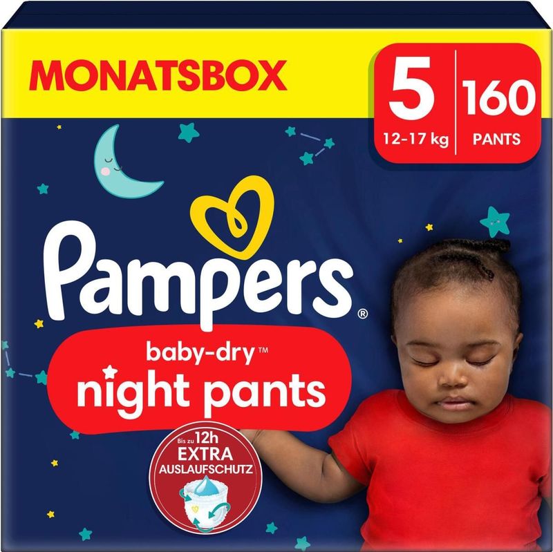 Pampers Night Pants Couches-Culottes Pour La Nuit Taille 5 (12-17kg), 160 Couches-Culottes Bébé, Pack 1 Mois, avec une Protection Renforcée pour la Nuit, Maintenant avec Plus de Culottes