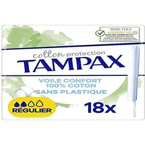 Tampax Cotton Protection, regulier, 18 tampons met applicator zonder kunststof, lichte tot gemiddelde doorstroming, stempelkern van biologisch katoen, zonder parfum of kleurstoffen