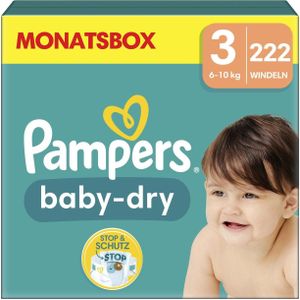 Pampers Baby-Dry Maat 3, 222 Luiers, 6kg-10kg, Tot 100% Lekvrije en Comfortabele Nacht