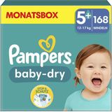 Pampers Baby-Dry Taille 5+, 168 Couches, 12kg-17kg, Avec une Poche Stop & Protect à l’arrière de la couche pour une nuit jusqu’à 100% sans fuites, Pack 1 Mois