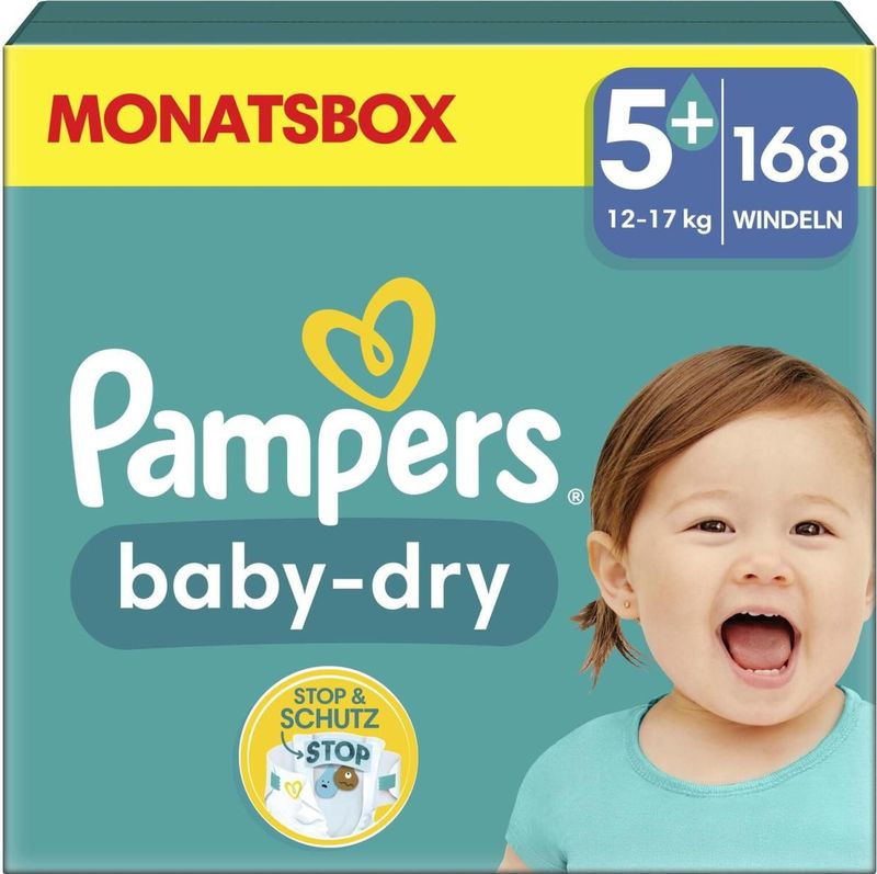 Pampers Baby-Dry Taille 5+, 168 Couches, 12kg-17kg, Avec une Poche Stop & Protect à l’arrière de la couche pour une nuit jusqu’à 100% sans fuites, Pack 1 Mois