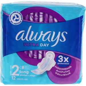 Always Ultra maandverband, maat 2, lang, 12 handdoeken met vleugels, matige stroom dag, maximaal comfort, super absorberend en ultradun