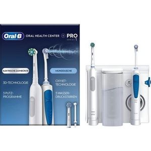 Oral-B Oral Health Center monddouche en elektrische tandenborstel Pro-serie, tandheelkundige straal, 1 Oxyjet-canule, 1 waterstraal, 4 waterstralen en 5 drukken, 2 borstels, oplaadbaar
