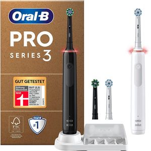 Oral-B Pro Series 3 Plus Edition 2 elektrische tandenborstels, 4 opzetborstels, met visuele 360° drukcontrole voor tandverzorging, recyclebare verpakking, ontworpen door bruin, zwart/wit