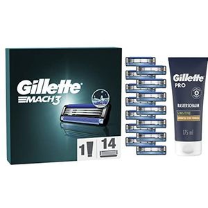 Gillette Mach3 Scheermesjes Voor Mannen, Scheermesjes Met 3 Mesjes, 14 Navulmesjes Voor Heren + Gillette Pro Sensitive Scheerschuim 175 Ml