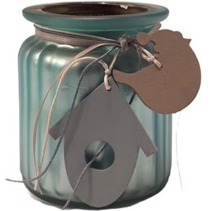 Theelichtglas van gesatineerd glas, lichtblauw, met decoratieve houten hangers, diameter 7,5 cm, hoogte 9 cm