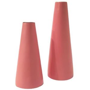 Set van 2 theelichthouders van hout in roze gelakt (diameter 6,5 cm x hoogte 14,5 cm - diameter 7 cm x hoogte 20 cm)