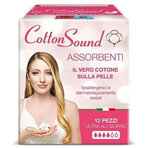 COTTON SOUND Ultra Vleugels voor de dag, absorberend met katoen, 12 stuks, 100% hydrofiel katoen, hypoallergeen, dermatologisch getest, super absorberend, meerlaagse technologie, gemaakt in Italië