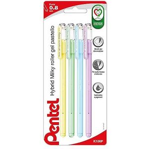 Pentel K108P Hybrid Milky Gel rollerball pastelkleuren, 4 stuks (groen, paars, geel, blauw)