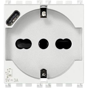 Vimar 19210.USB.B Arké stopcontact, 2 modules, SICURY 2P+T 16A 250V, universele Italiaanse standaard, P40-uitgang, USB type C 5V en 3A voor snel opladen, wit