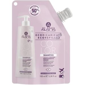 Alama Professional Eco-Refill Color Color Shampoo voor gekleurd haar, verstevigende en volumineuze shampoo met collageen, elastisch en keratine, 90% natuurlijke ingrediënten, 100 ml