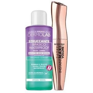 Set Deborah Milano – incl. Mascara 24 uur Instant Maxi Volume Black, 12 ml Dermolab Delicate 2-fase make-up remover, ogen en lippen, waterbestendig, 50 ml