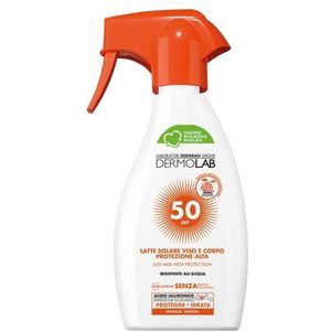 Dermolab - Lait solaire spray visage et corps, protection haute SPF 50, pour peaux claires et délicates, contraste vieillissement cutané et rayons UVA, résistant à l'eau, testé dermatologiquement, 250