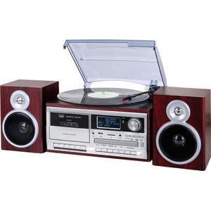 Trevi TT 1072 DAB, 33, 45 en 78 toeren, vinylspeler met Bluetooth, CD en MP3-speler, USB en SD, 25 W, DAB/DAB+ FM digitale radio, hoofdtelefoonaansluiting, kisten met Bass Reflex, hout