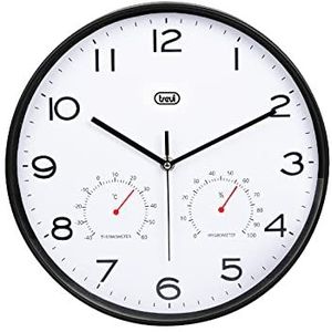 Trevi OM 3510 T, wandklok, met thermometer en hygrometer voor temperatuur en vochtigheid, stil uurwerk, diameter 30 cm, modern design, rond formaat, zwart
