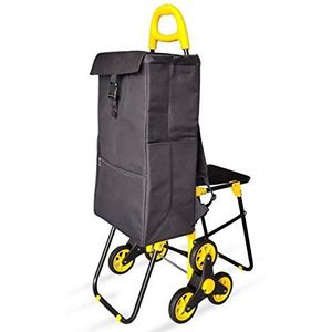 VOUNOT Boodschappentrolley Inklapbaar met Zitje en Koeltas, Boodschappenwagen met 6 Wielen voor Trappen, 37L, Zwart en Geel