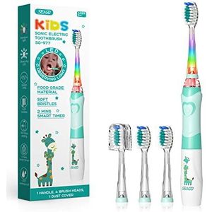Seago Elektrische Tandenborstel voor Kinderen vanaf 3 Jaar, met Kleurrijk Ledlicht, 4 Zachte Borstelkoppen, 2 Minuten Timer, Waterdicht IPX7, Elektrische Tandenborstel Kind, SG977(Groen)