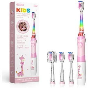 Seago Elektrische tandenborstel voor kinderen, waterdicht, intelligente timer, ledlampen in kleur en 3 borstelkoppen, accutandenborstel met op batterijen werkende tandenborstel Sg977 (roze)