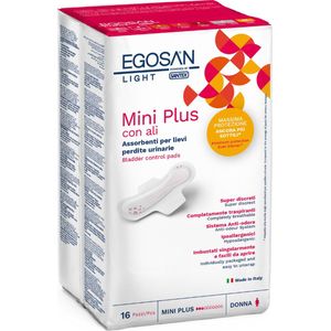 Egosan Mini Plus incontinentiepads, anti-lekbestrijding, vrouwelijke pads voor vrouwen, dun, zacht, super discreet, hypoallergeen, met geurbestrijding, nauwsluitende pasvorm (16 stuks, mini Plus)