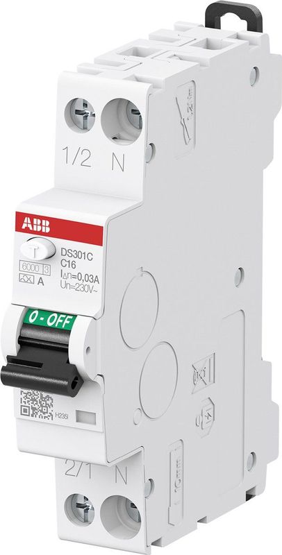 ABB aardlekautomaat 1 polig+nul 16A 30mA B kar spanningsonafhankelijk (DS301CB16A30)