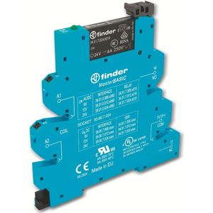 FINDER Relais schmal 6,2 mm komplett mit Sockel und Relais, 1CO, 6A (AgNi), 24V AC/DC, 6,2 mm breit, mit Relais und Sockel mit Steckklemmen
