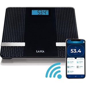 Laica PS7002 personenweegschaal, bluetooth, gegevensoverdracht, gewicht, % vet, % water, % spieren, naar één app, zwart, 180 kg