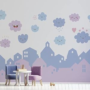 Muursticker voor kinderen, stad, roze, maat 100 x 280 cm, decoratie voor kinderkamer, gemaakt in Italië, muursticker, stad, reuzenlandschap, landschap