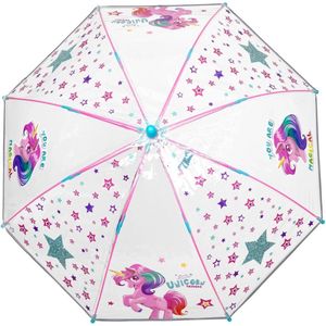 Cool Kids Unicorn paraplu voor kinderen met eenhoorn motief, reflecterend, transparant, winddicht, stok paraplu met automatische opening en stevige glasvezel frame, diameter ca. 64 cm