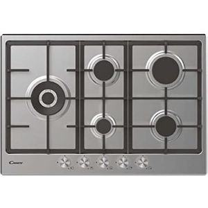 Candy CHG7WLWPX Plaque de cuisson à gaz en acier inoxydable de 75 cm, 5 feux, encastrable, grille en fonte, soupape de sécurité, GPL et métal, 74,5 x 51 x 3,5 cm, acier inoxydable